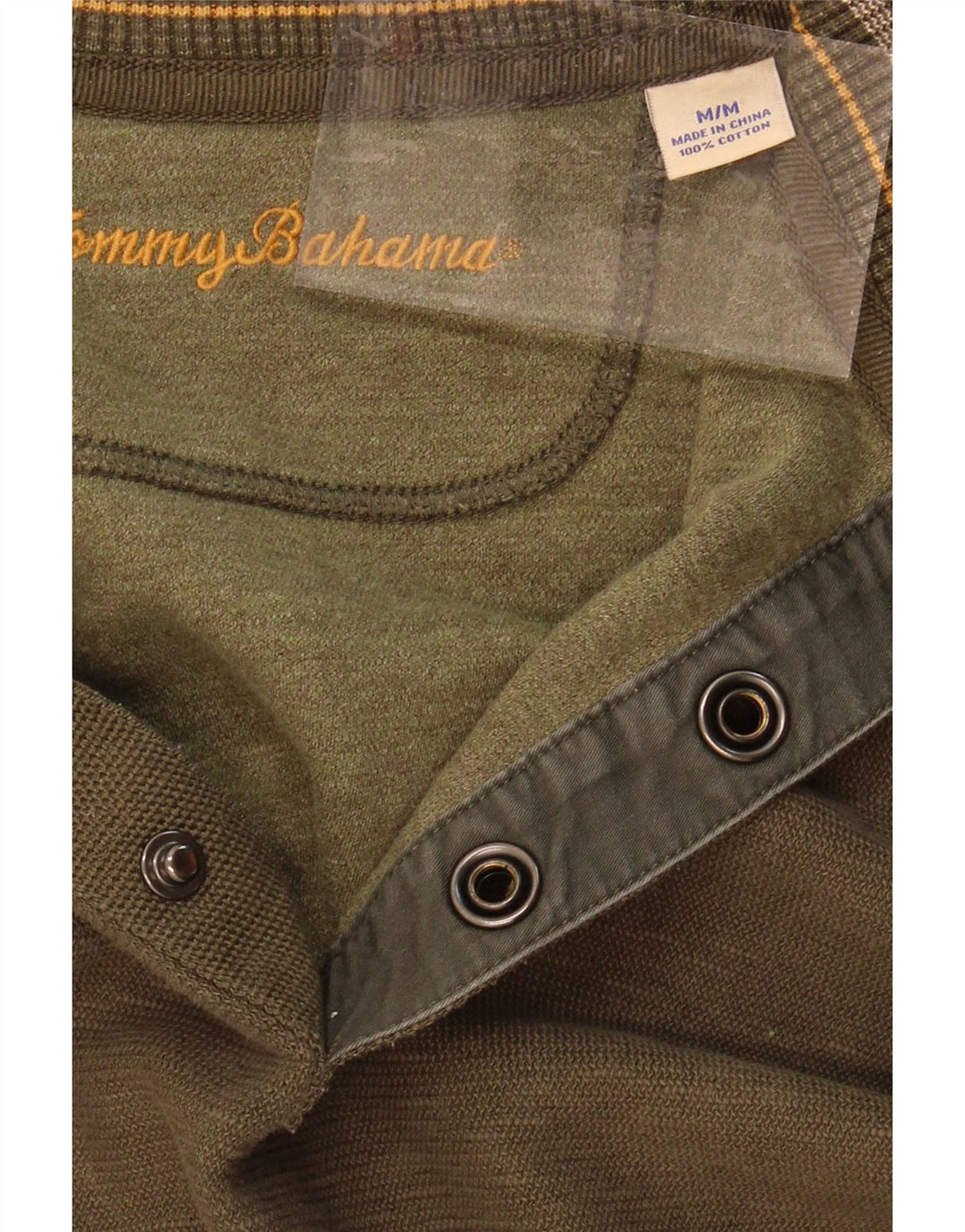 TOMMY BAHAMA Mens Button Neck Sweatshirt Jumper Medium Khaki Cotton Vintage Tommy Bahama and Second-Hand Tommy Bahama from Messina Hembry 
