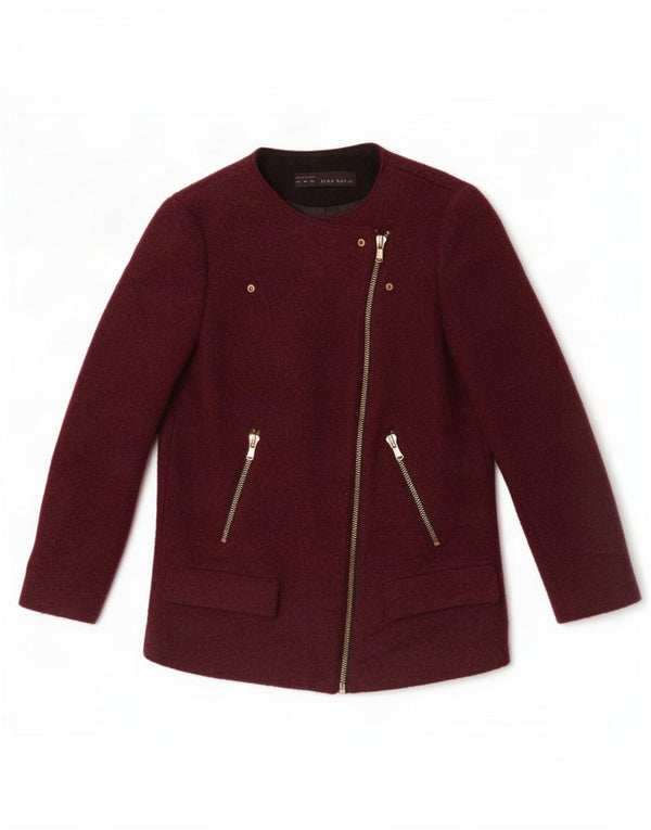 Zara Chaqueta Blazer con Cremallera Completa para Mujer UK 40 Lana Burdeos Mediana