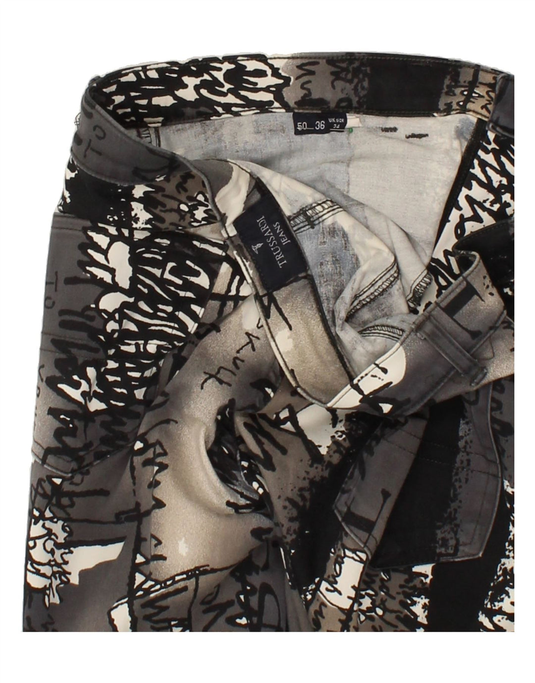 TRUSSARDI Womens Abstract Pattern Straight Casual Trousers W34 L26  Grey Vintage Trussardi and Second-Hand Trussardi from Messina Hembry 