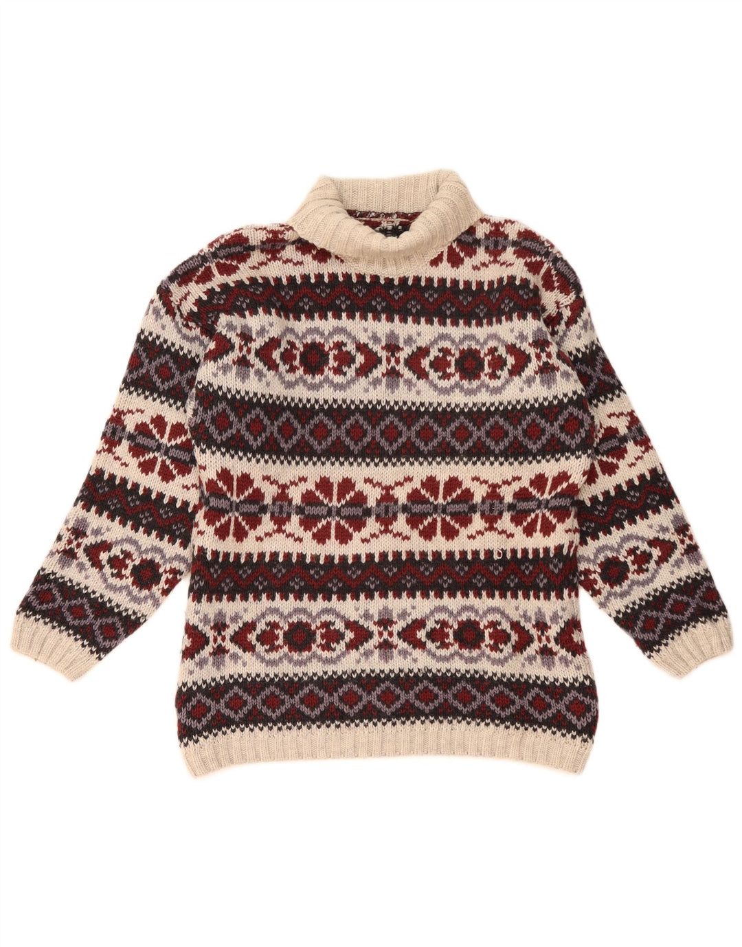 Vintage Mens Roll Neck Jumper Sweater Medium Multicoloured Fair Isle Wool