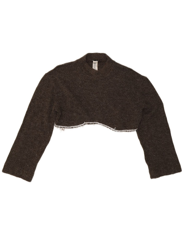 Zara Womens Crop Crew Neck Jumper Sweater UK 16 Large Gris Acrylique