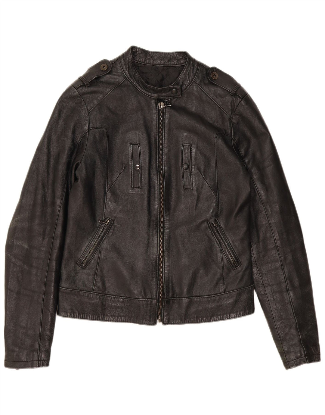 Vintage Womens Leather Biker Jacket UK 12 Medium Black Leather