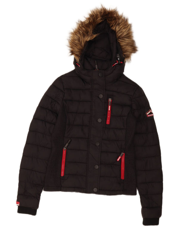 Superdry Womens Hooded Padded Jacket UK 10 Small Black Polyester