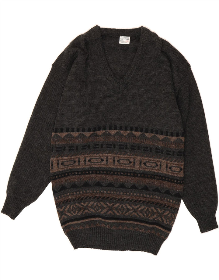 VINTAGE Mens V-Neck Jumper Sweater Medium Grey Fair Isle Wool Vintage Vintage and Second-Hand Vintage from Messina Hembry 
