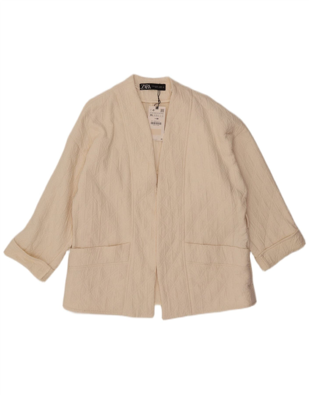 ZARA Dame Oversized 3/4 ærmet åben blazerjakke UK 14 Medium Off White
