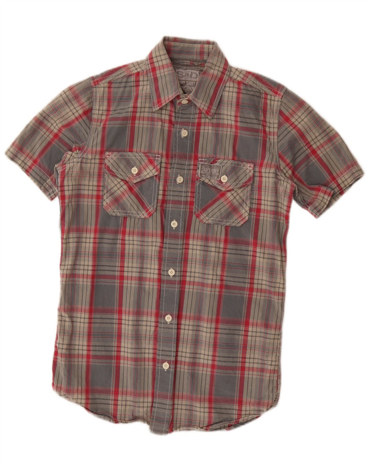 Camicia a maniche corte da uomo Superdry in cotone scozzese piccolo grigio