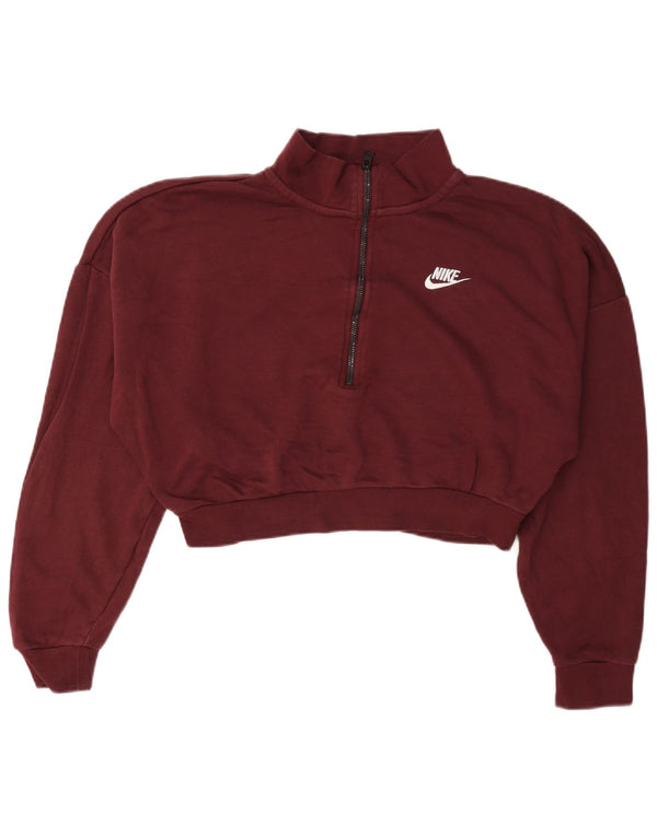 Nike Damen Crop Zip Neck Sweatshirt Pullover UK 14 Medium Burgund Baumwolle
