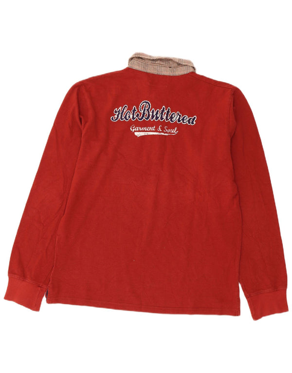 Vintage Mens Graphic Long Sleeve Rugby Polo Shirt Medium Red Cotton