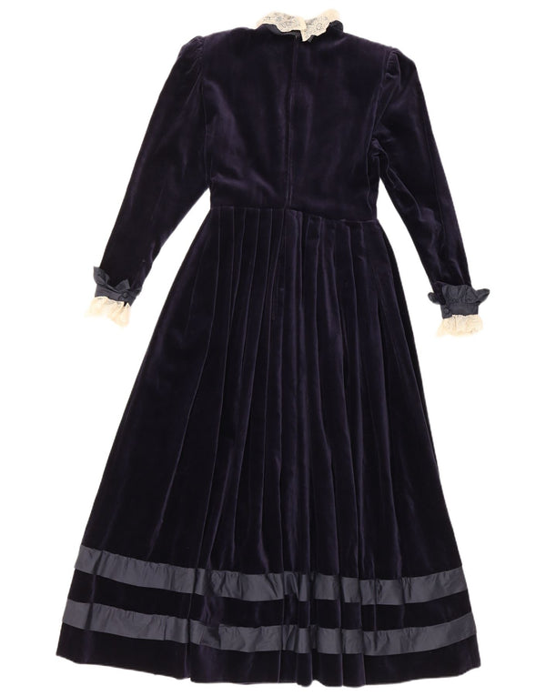 Vintage Dame Langærmet Velvet Maxi Dress UK 8 Small Navy Blue Floral