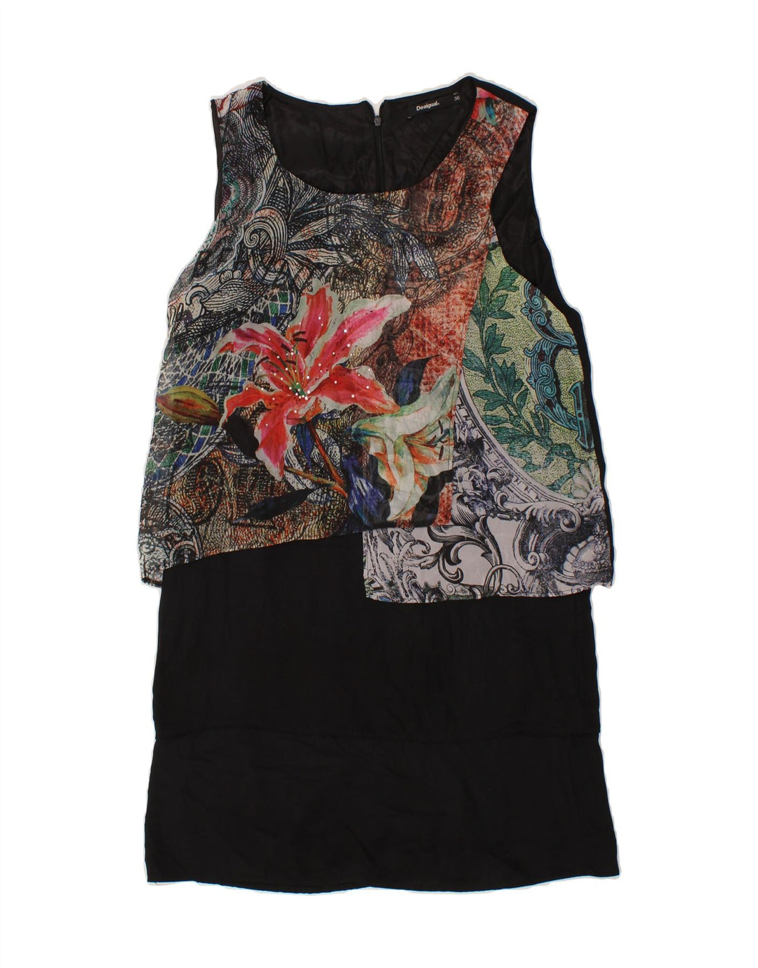 DESIGUAL Womens Sleeveless Shift Dress EU 36 Small Black Floral Polyester Vintage Desigual and Second-Hand Desigual from Messina Hembry 