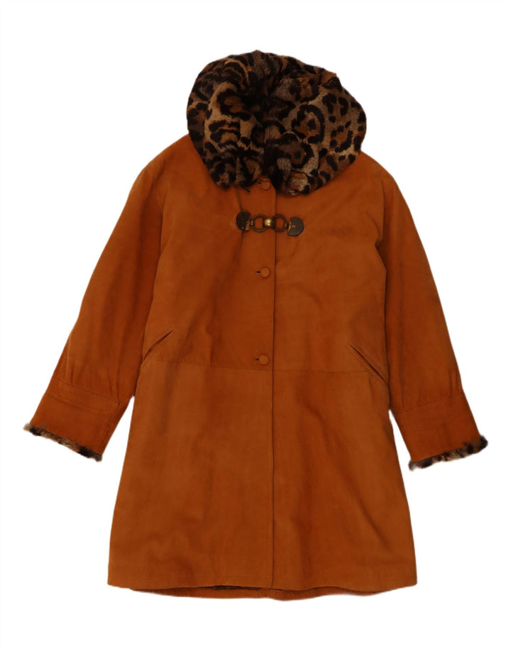 Vintage Womens Oversized Leather Shearling Coat EU 42 Large Brown Shearling