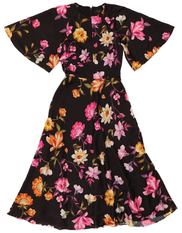 Ted Baker Damen A-Linien-Kleid Größe 0 2XS Schwarz geblümtes Polyester