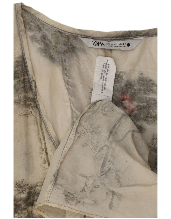Zara Dame Ærmeløs Basic Kjole UK 12 Medium Off White Blomsterbomuld