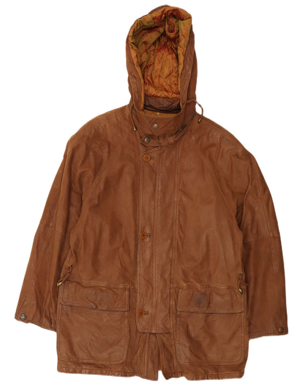 Vintage Mens Hooded Leather Coat UK 40 Large Brown