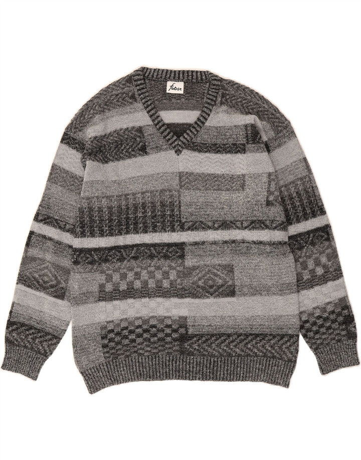FABER Mens V-Neck Jumper Sweater XL Grey Geometric Vintage Faber and Second-Hand Faber from Messina Hembry 
