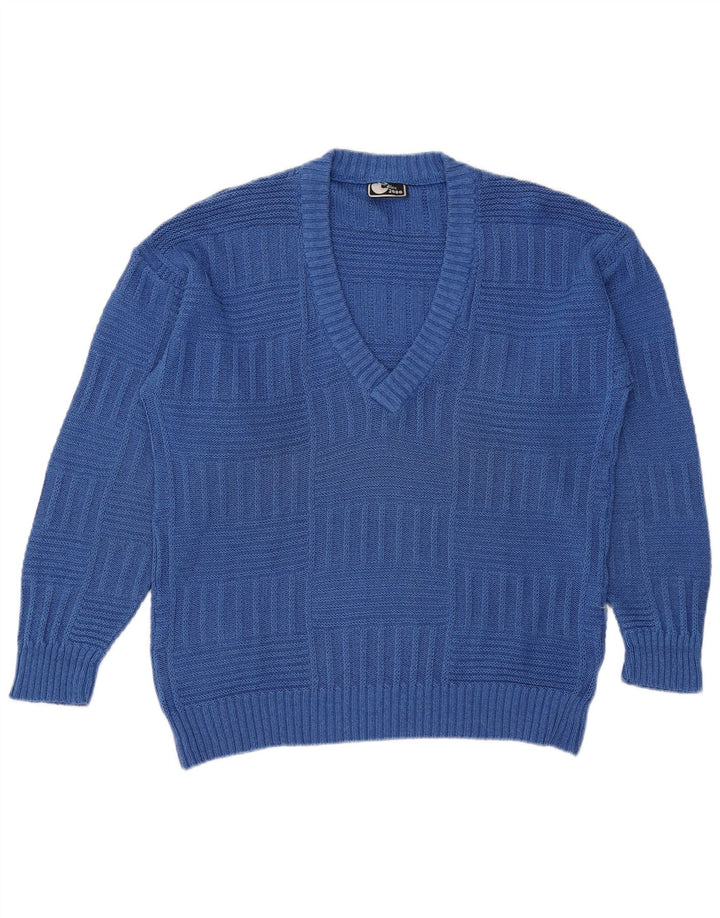 Vintage Mens V-Neck Jumper Sweater Medium Blue Cotton