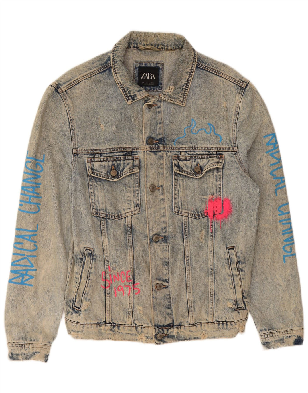 Zara Mens Graphic Denim Jacket UK 40 Large Blue Cotton