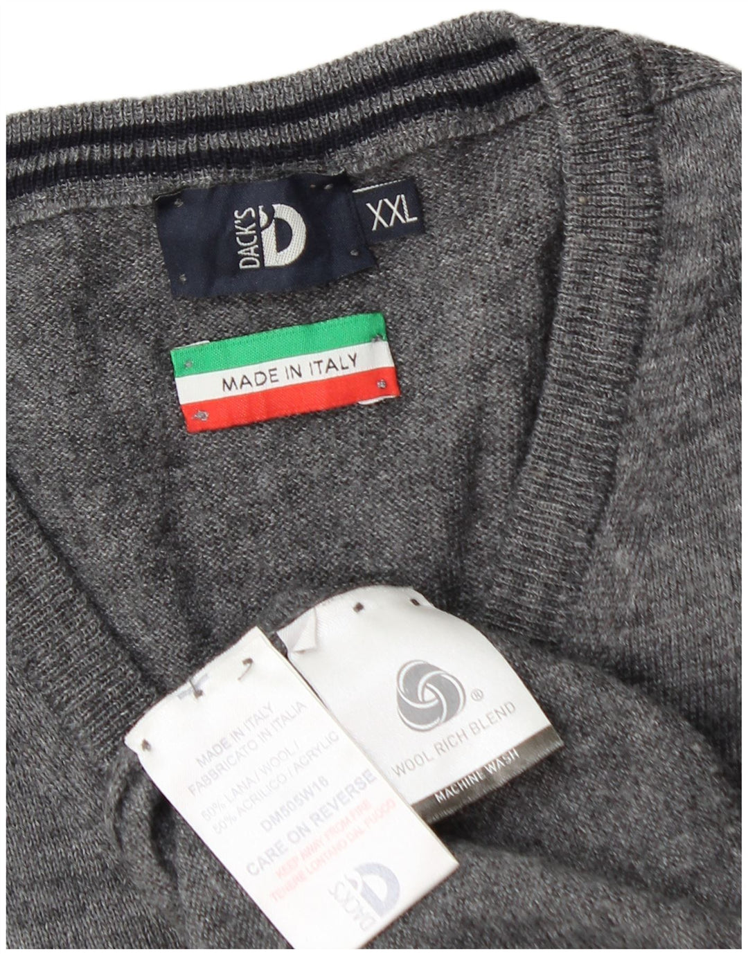 Dack's Mens V-Neck Jumper Sweater 2XL Grey Wool