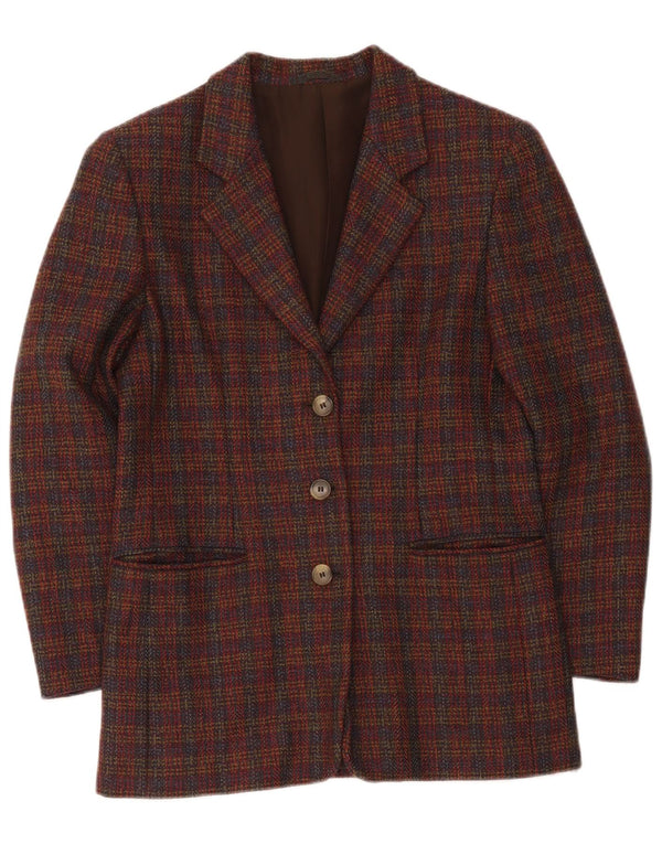 vintage Femmes 3 Boutons Veste Blazer Surdimensionnée UK 10 Petit Carreau Bordeaux