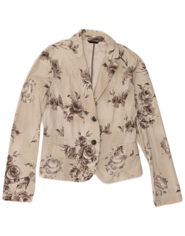 Giacca blazer in denim a 2 bottoni da donna Sisley UK 10 piccolo floreale bianco sporco
