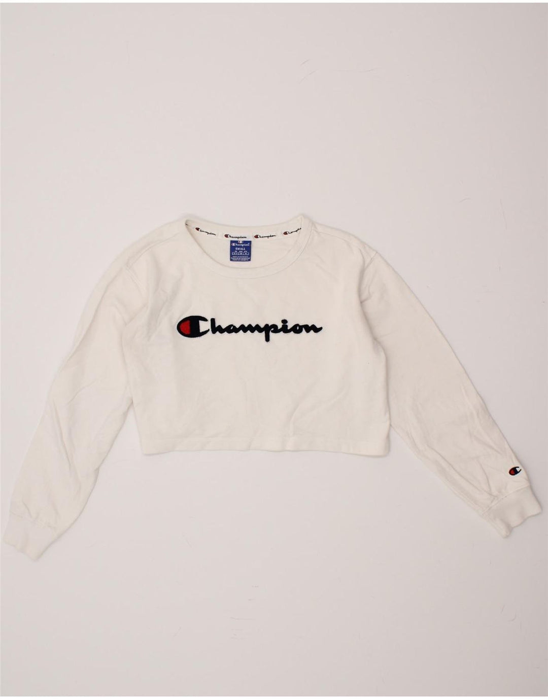 CHAMPION Womens Oversized Crop Graphic Sweatshirt Jumper UK 10 Small White Vintage Champion and Second-Hand Champion from Messina Hembry 