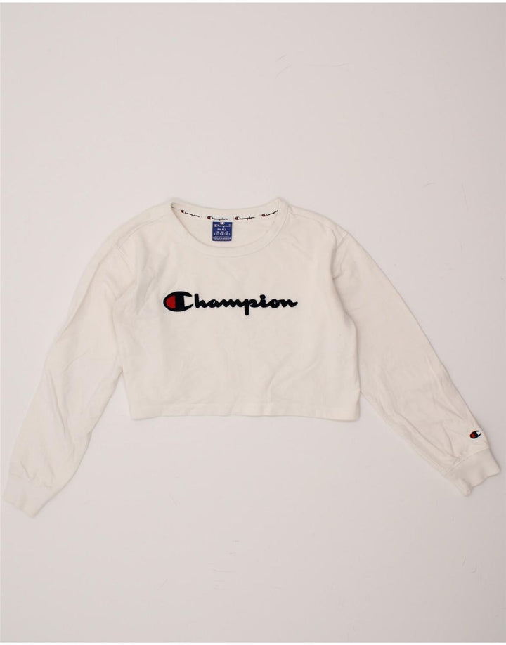 CHAMPION Womens Oversized Crop Graphic Sweatshirt Jumper UK 10 Small White Vintage Champion and Second-Hand Champion from Messina Hembry 