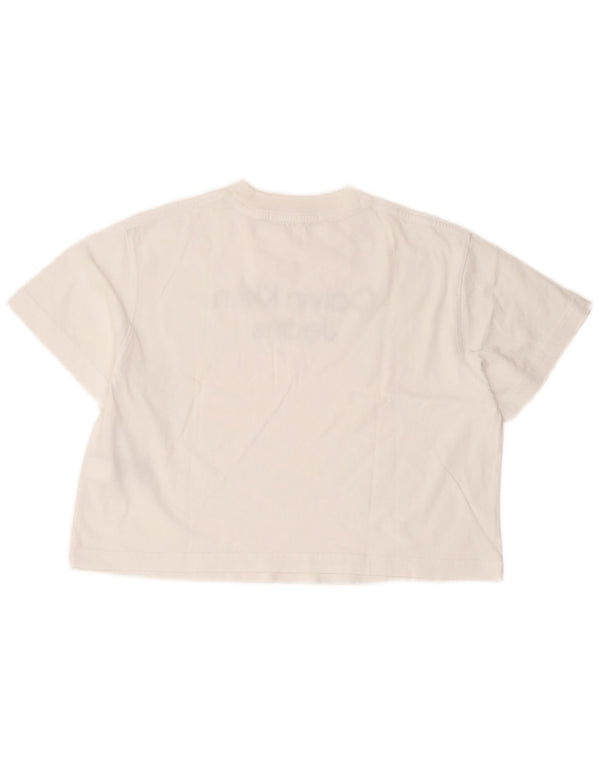 Calvin Klein Jeans Dame Crop Oversized grafisk T-shirt Top UK 6 XS Hvid