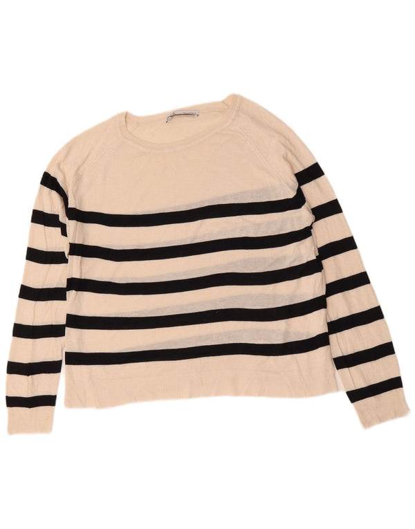 Zara Womens Boat Neck Jumper Sweater UK 14 Medium Off White Striped
