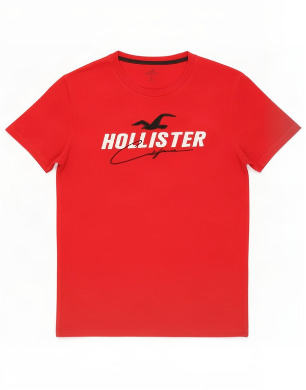 Мужская футболка с рисунком Hollister, хлопковый топ среднего красного цвета