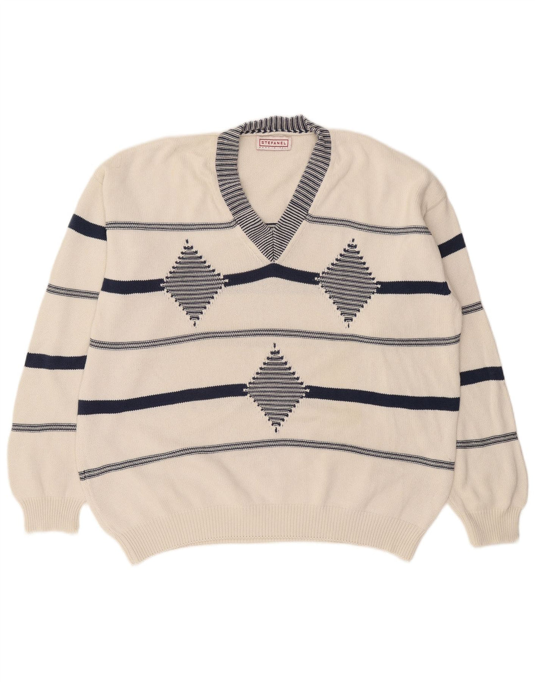Stefanel Pull col V pour homme XL Blanc Argyle/Diamant