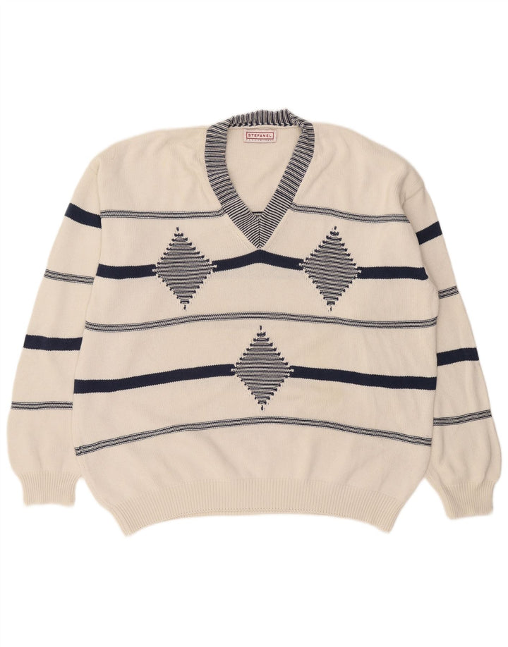 Stefanel Pull col V pour homme XL Blanc Argyle/Diamant