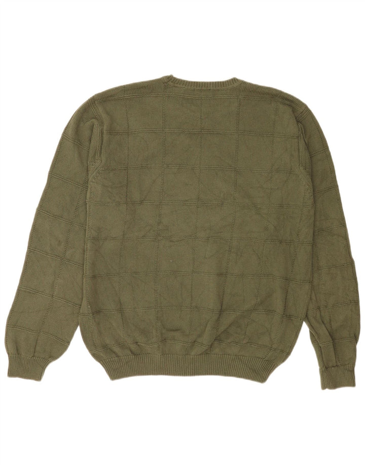 Izod Mens Crew Neck Jumper Sweater Large Khaki Check Cotton