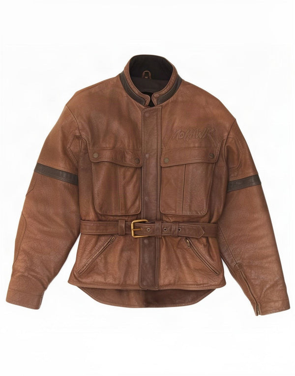 Mohawk Mens Graphic Leather Racer Jacket UK 38 Medium Brown