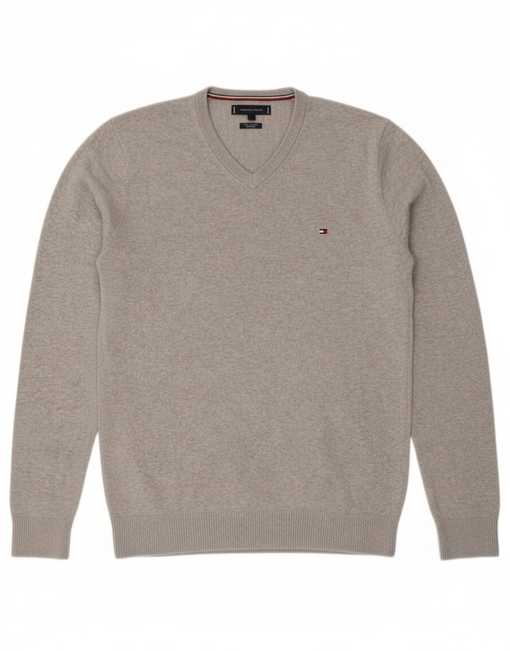 TOMMY HILFIGER Mens V-Neck Jumper Sweater Medium Grey Cotton Vintage Tommy Hilfiger and Second-Hand Tommy Hilfiger from Messina Hembry 