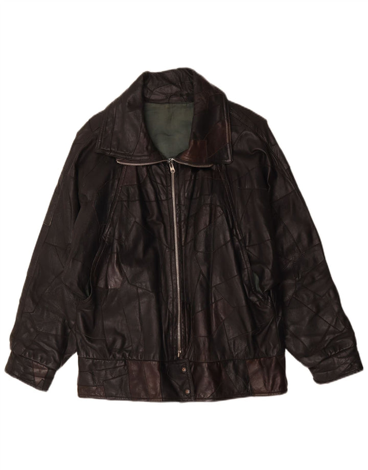 Vintage Womens Leather Jacket UK 20 2XL Black Patchwork