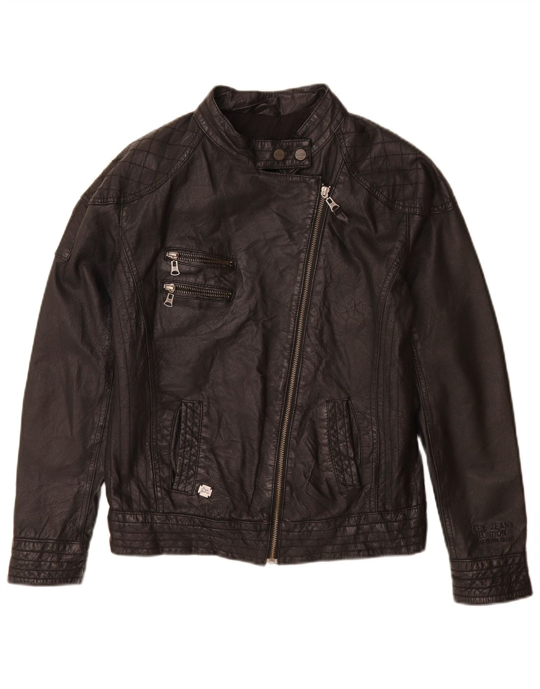 PEPE Jeans Damen Leder Bikerjacke UK 14 Mittelschwarzes Leder