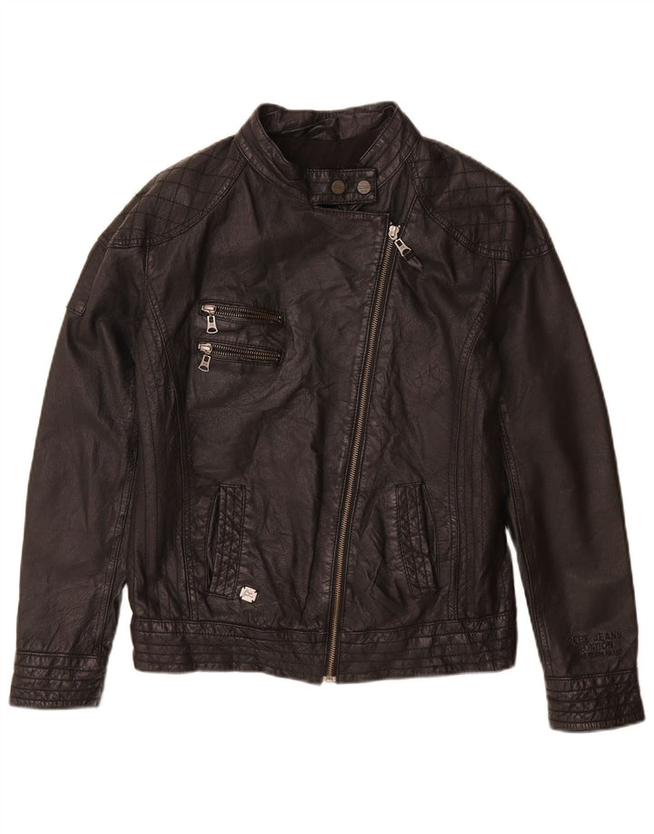 PEPE Jeans Damen Leder Bikerjacke UK 14 Mittelschwarzes Leder