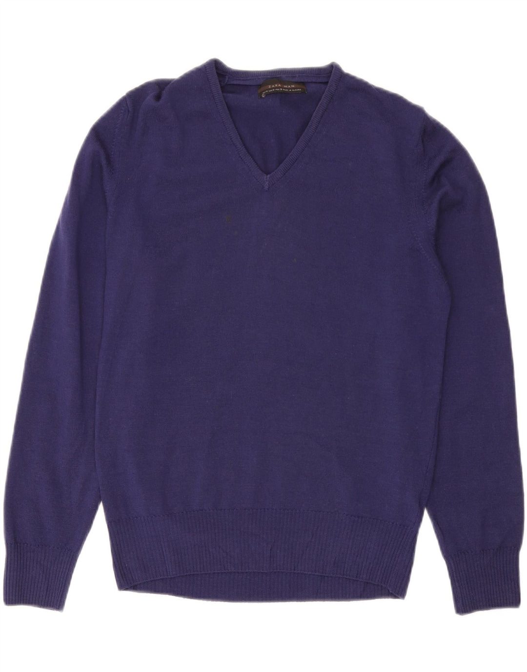 Zara Mens V-Neck Jumper Sweater Medium Purple Wool