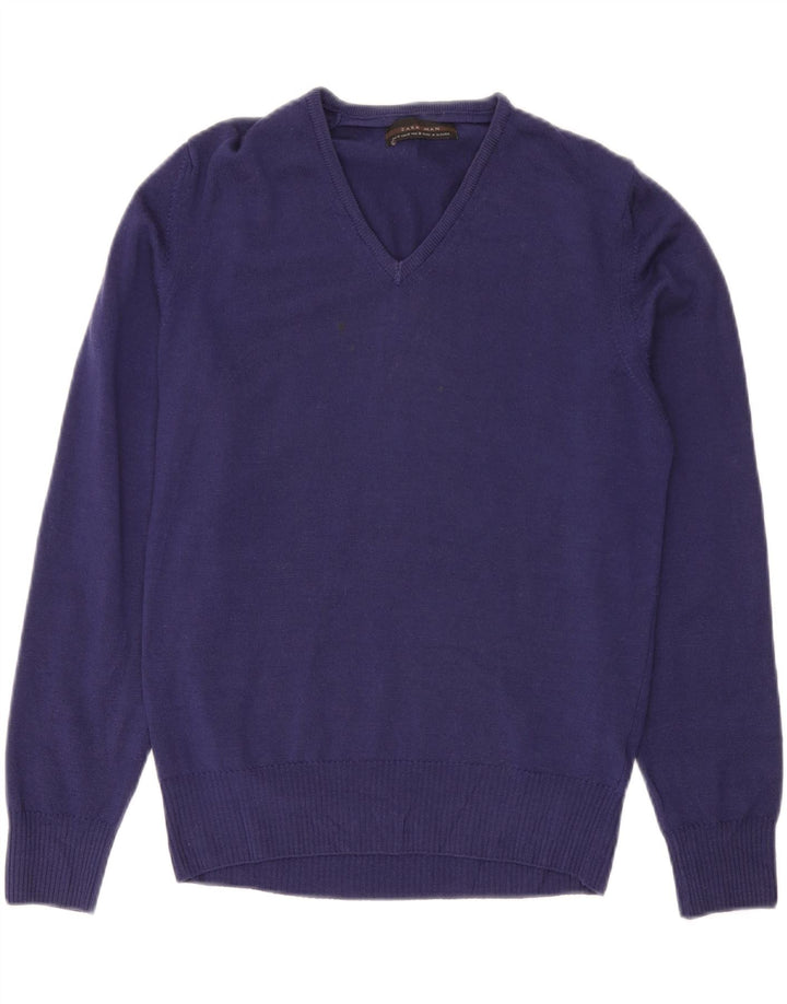 Zara Mens V-Neck Jumper Sweater Medium Purple Wool