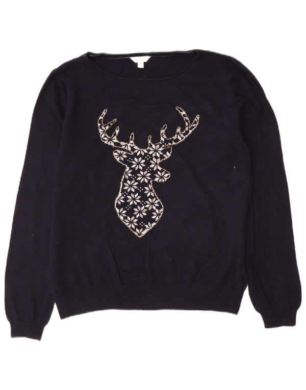Monsoon Womens Boat Neck Jumper Sweater UK 16 Large Navy Blue Fair Isle