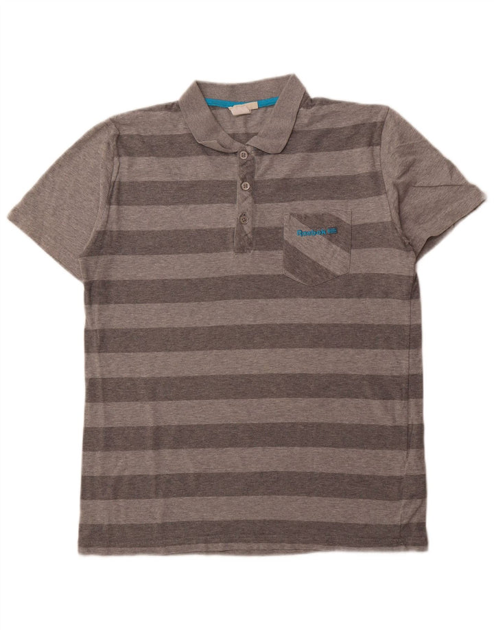 REEBOK Mens Polo Shirt Medium Grey Striped Cotton