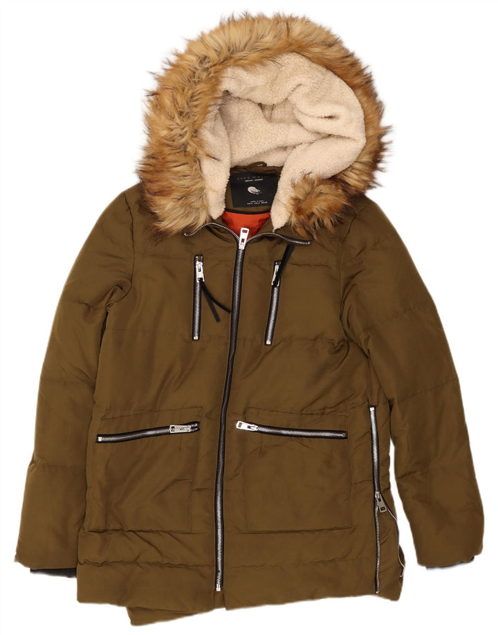 Zara Womens Hooded Padded Jacket UK 10 Small Khaki Polyester