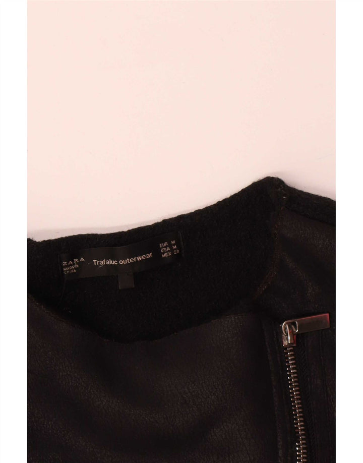 Zara Chaqueta Motera De Cuero Para Mujer UK 42 Mediana Negro