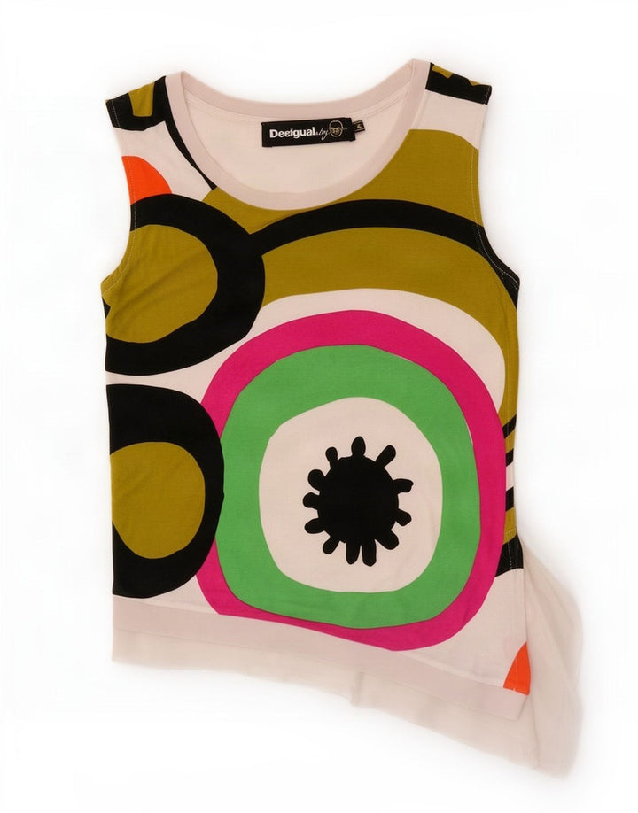 Desigual Donna Canotta Asimmetrica Top UK 12 Medio Bianco Geometrico