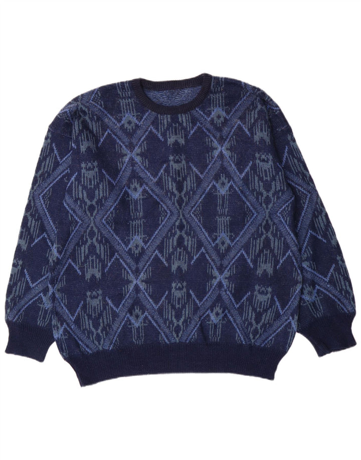 Vintage Mens Crew Neck Jumper Sweater Large Navy Blue Fair Isle