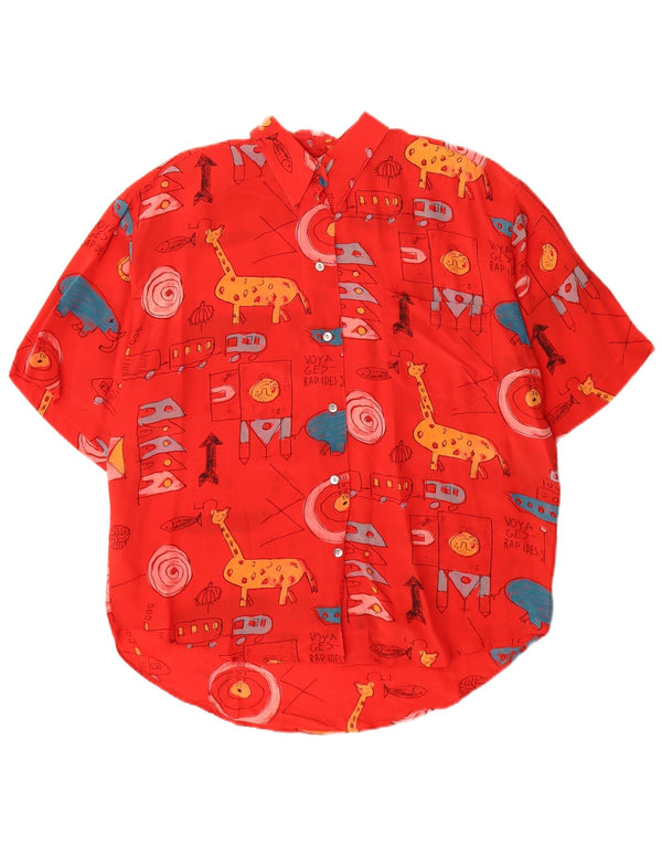 Vintage kvinders grafisk kortærmet skjortebluse EU 40 Medium rød silke