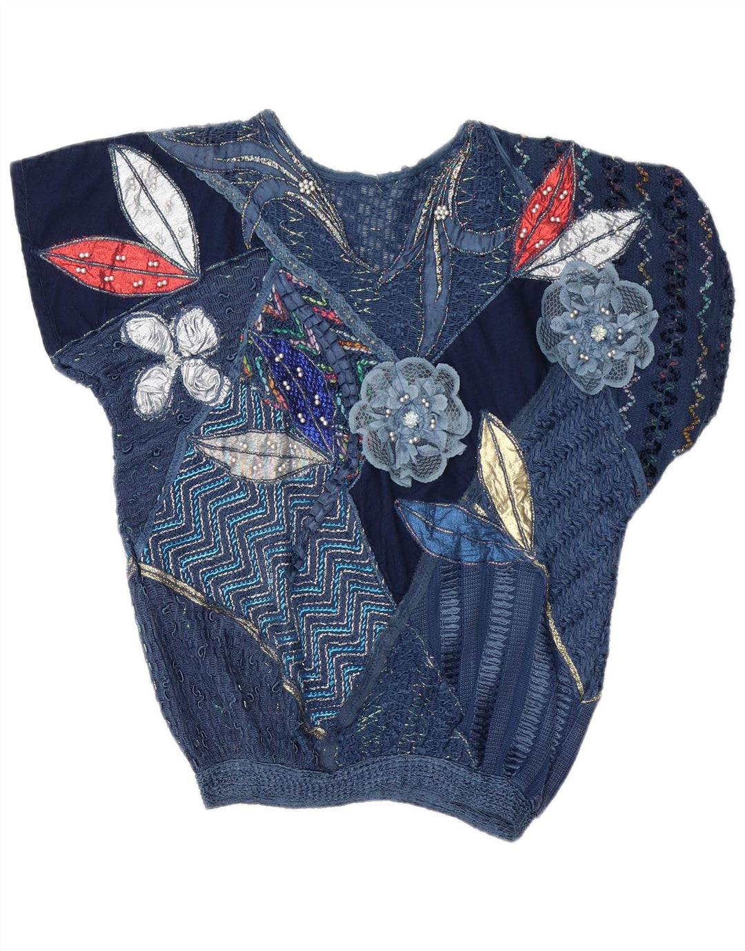 Vintage Womens Blouse Top UK 16 Large Navy Blue Patchwork
