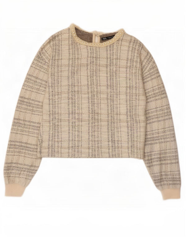 Zara Damen Crop Langarmbluse Top UK 10 Small Beige Check Polyester