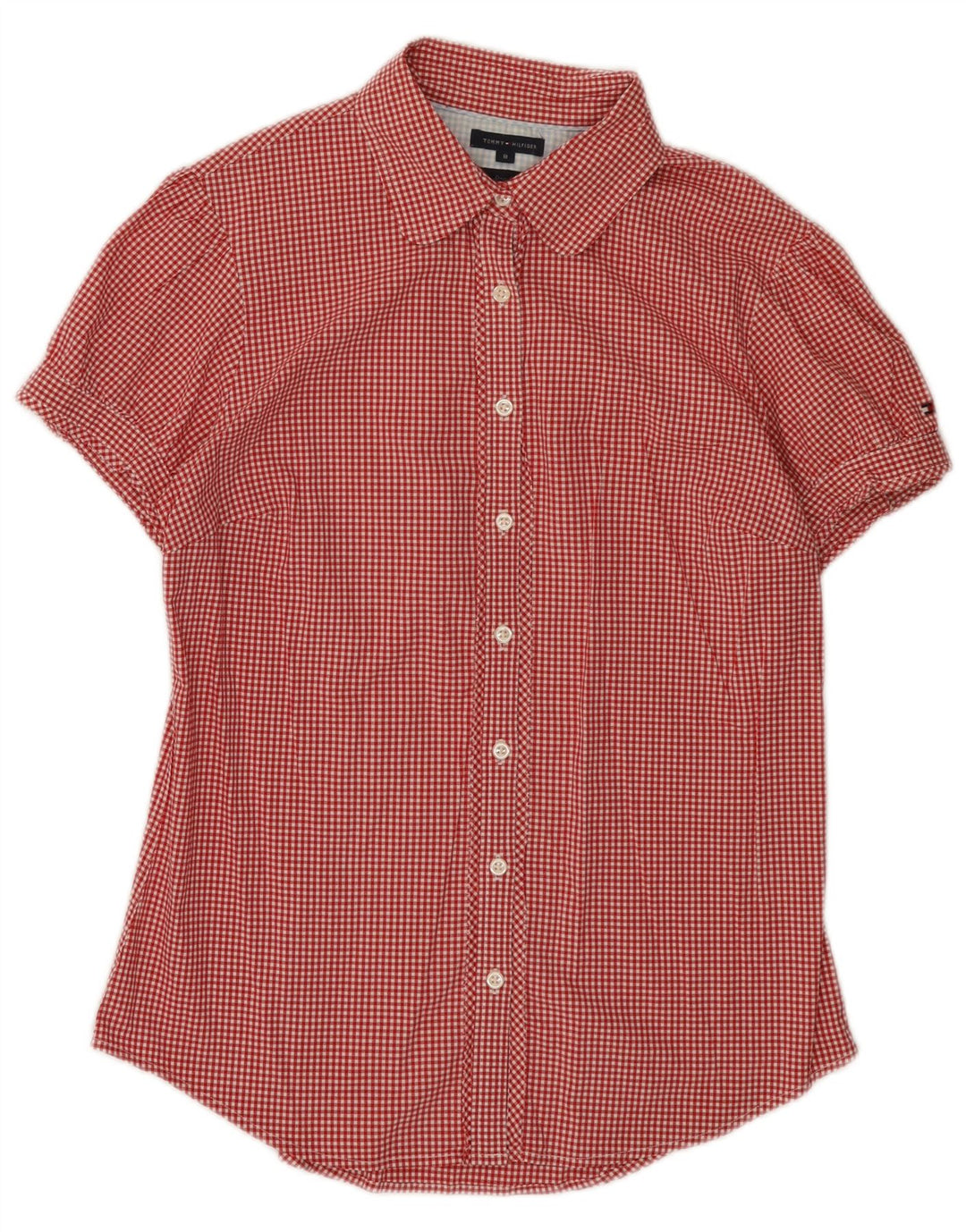 Tommy Hilfiger Womens Short Sleeve Shirt US 8 Medium Red Gingham