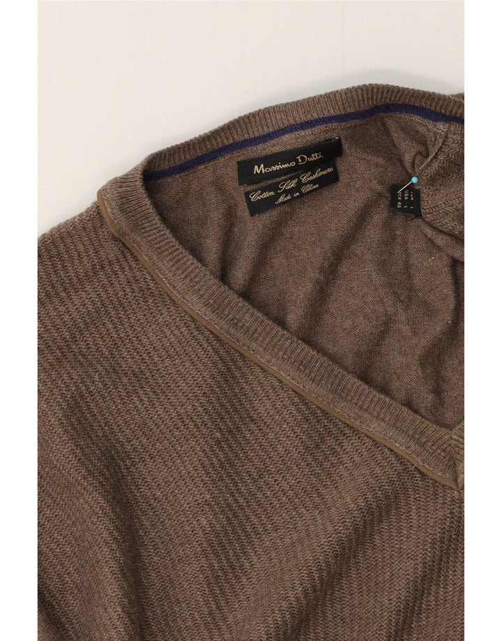 Massimo Dutti Mens V-Neck Jumper Sweater Large Brown Cotton